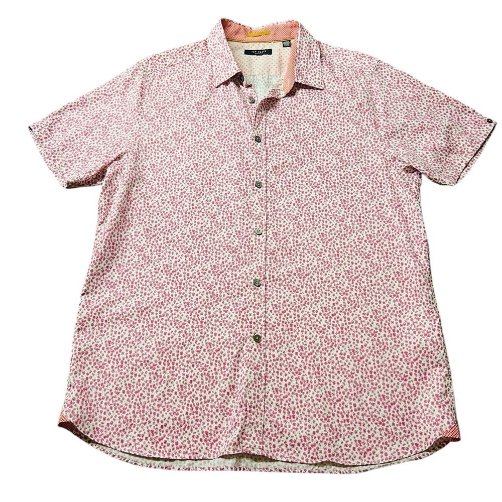 TED BAKER MEN’S SHORT SLEEVE BUTTON DOWN SHIRT ABSTRACT PATTERN PINK & WHITE